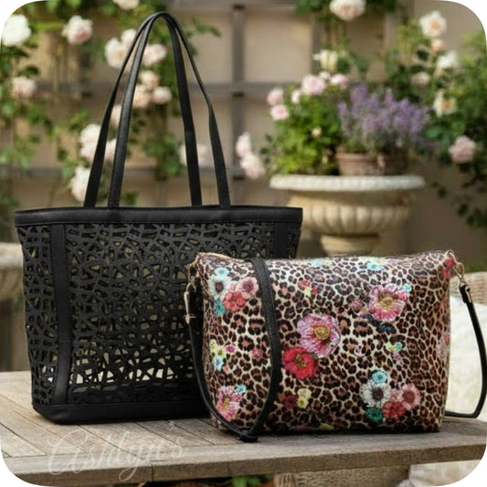 2 in 1: Laser Cut Out Black Leather Shopper and Leopard Cross Body Bag-Purse-Tote