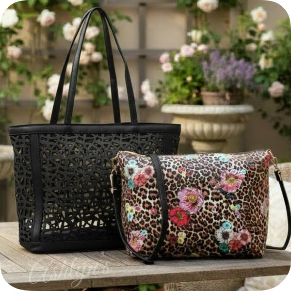 2 in 1: Laser Cut Out Black Leather Shopper and Leopard Cross Body Bag-Purse-Tote