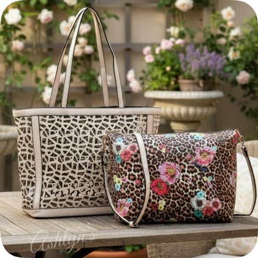 2 in 1:  Laser Cut Out Beige Leather Shopper and Leopard Cross Body Bag-Purse-Tote