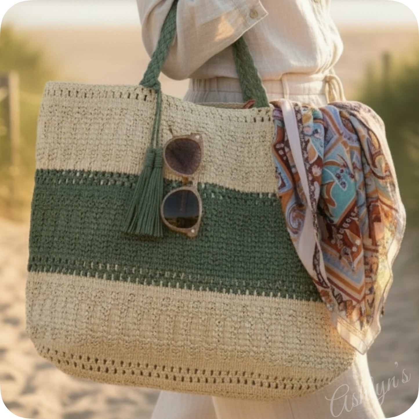 Ashlyn’s XL Two Toned Olive Woven Straw Tote Bag-Purse