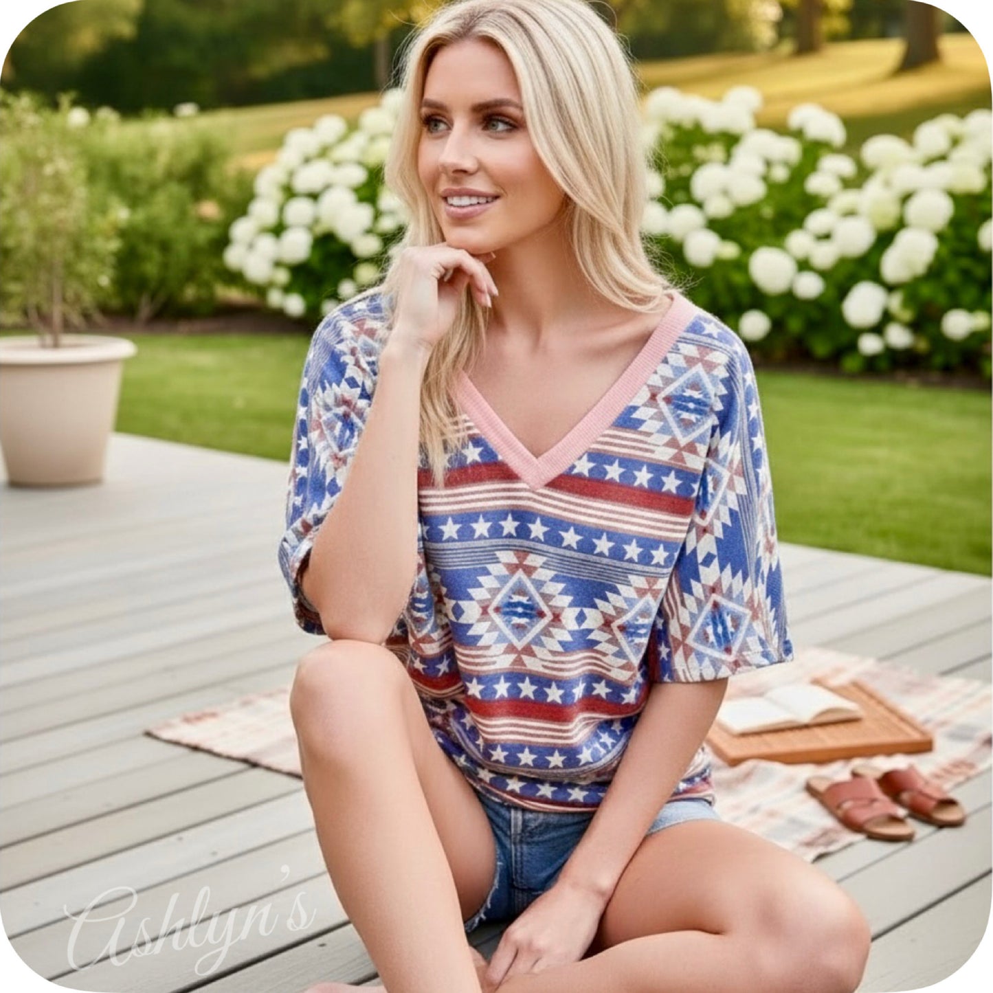 Ashlyn’s American Pride Aztec Star Mix Dolman Top