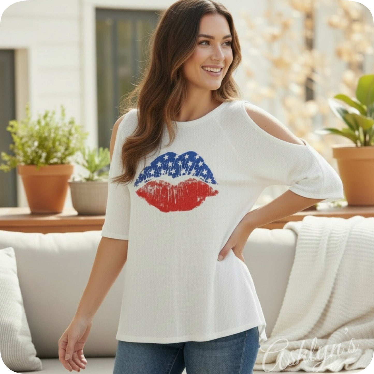 American Pride Crazy Cute American Flag Lips Cold Shoulder Top