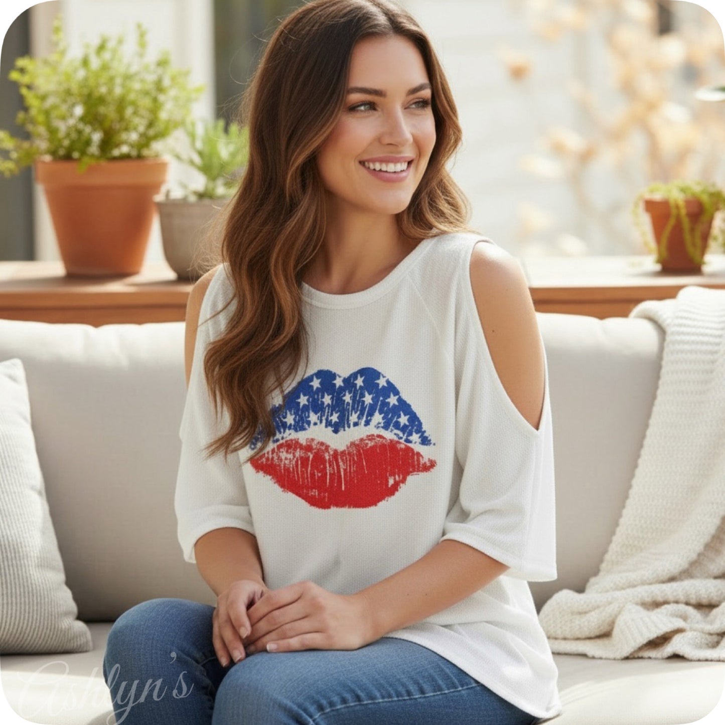 American Pride Crazy Cute American Flag Lips Cold Shoulder Top
