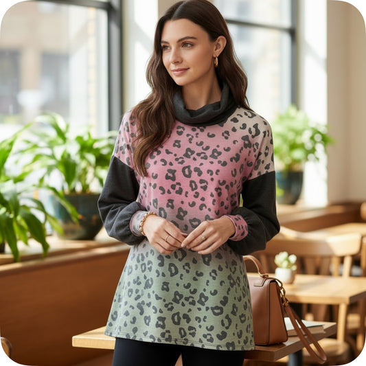 Insanity Closeout! Adorable Cowl Neck Face Wear Magenta Leopard Sweater Top!