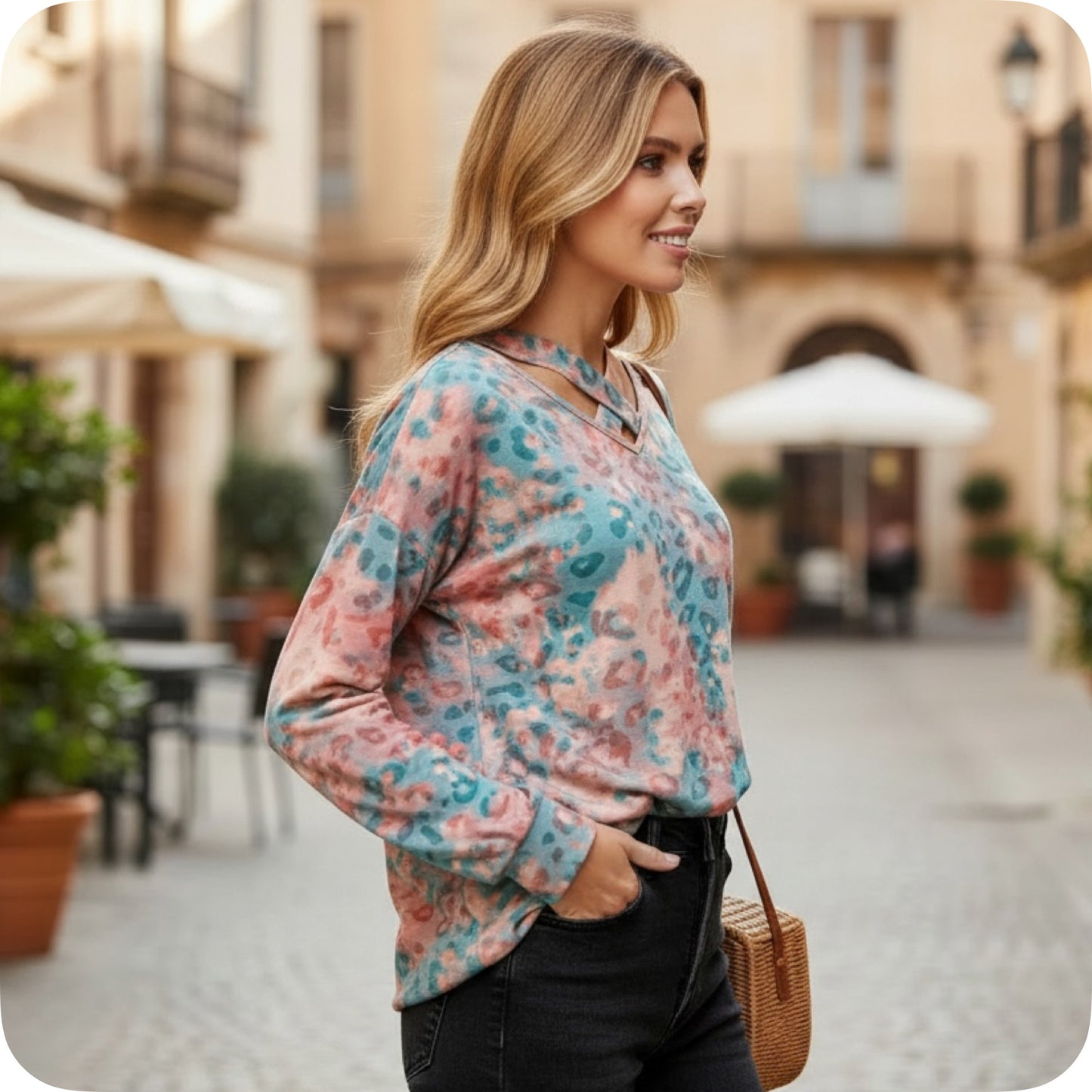 Hello Beautiful! Cross Strap V Peach Jade Tiedye Top