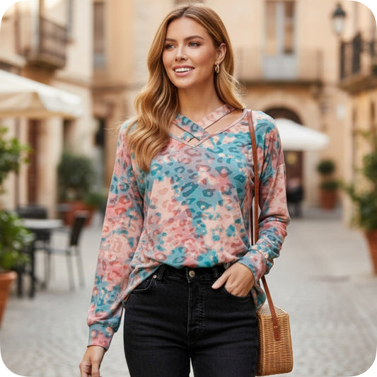 Hello Beautiful! Cross Strap V Peach Jade Tiedye Top