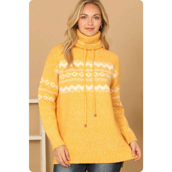 Cozy Me-Yellow Drawstring Turtleneck Sweater Top