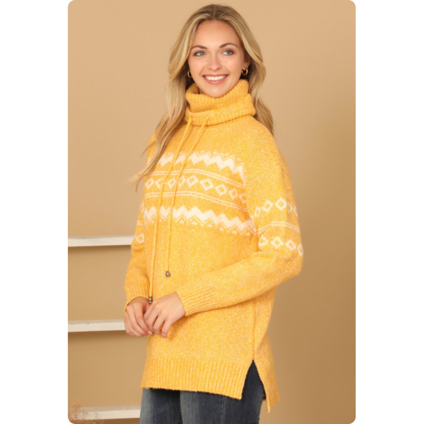 Cozy Me-Yellow Drawstring Turtleneck Sweater Top