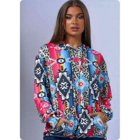 Aztec Animal Print Mix Pink Blue Hooded Sweater Top