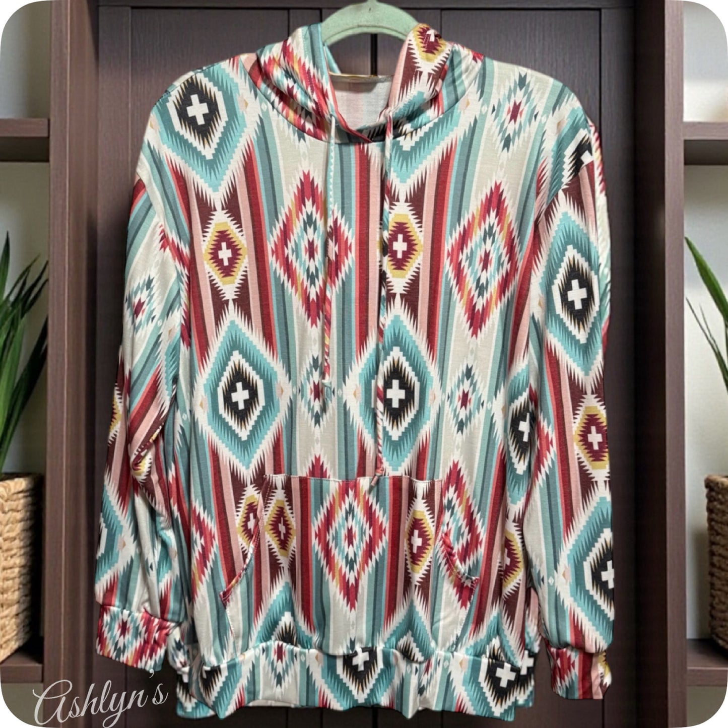 Aztec Turquoise Grey Mix Kangaroo Pocket Hooded Top-Hoodie