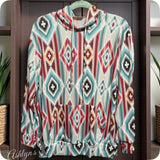 Aztec Turquoise Grey Mix Kangaroo Pocket Hooded Top-Hoodie