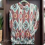 Aztec Turquoise Grey Mix Kangaroo Pocket Hooded Top-Hoodie