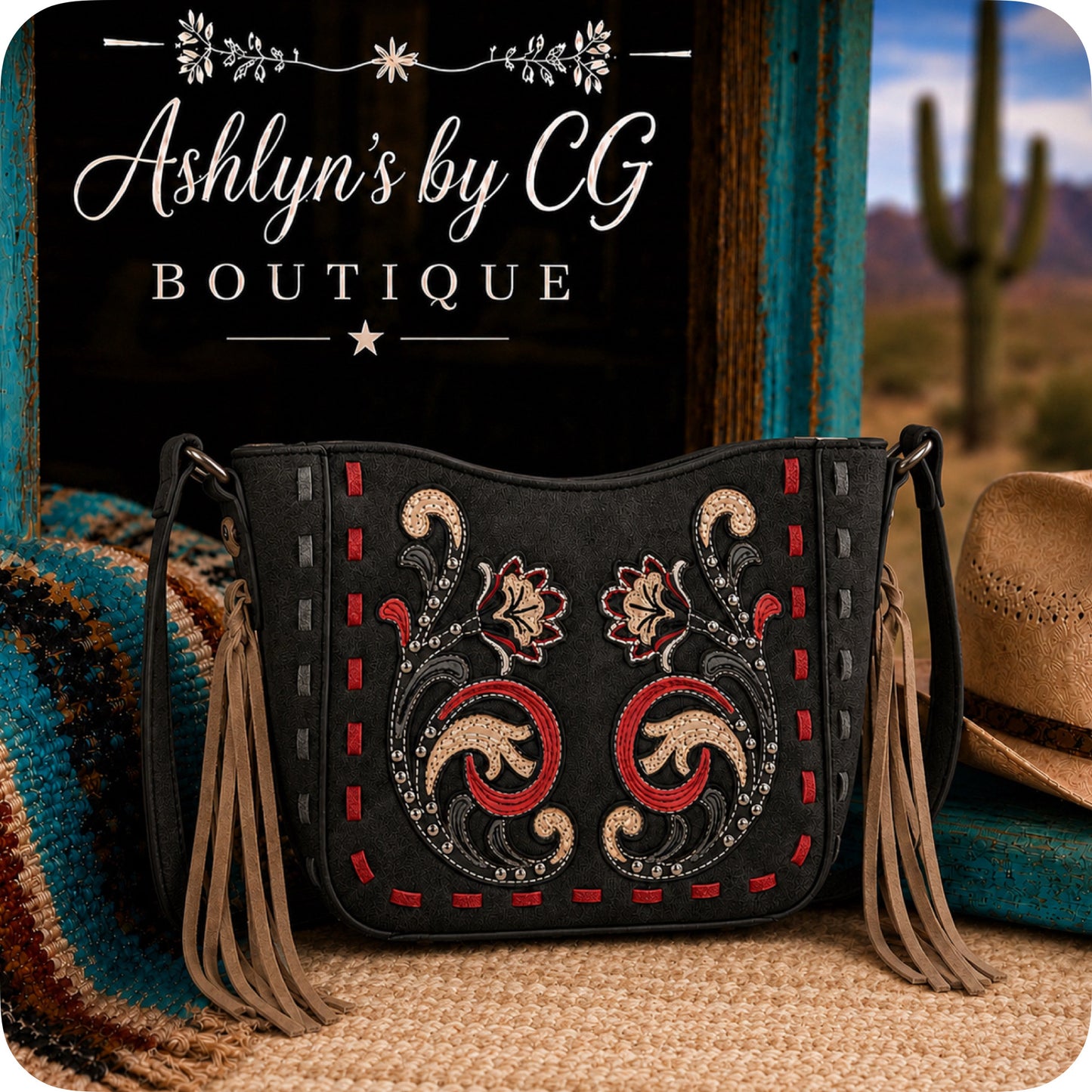 Montana West Embroidered Appliqué Saddle Stitch Detail Black Crossbody Bag