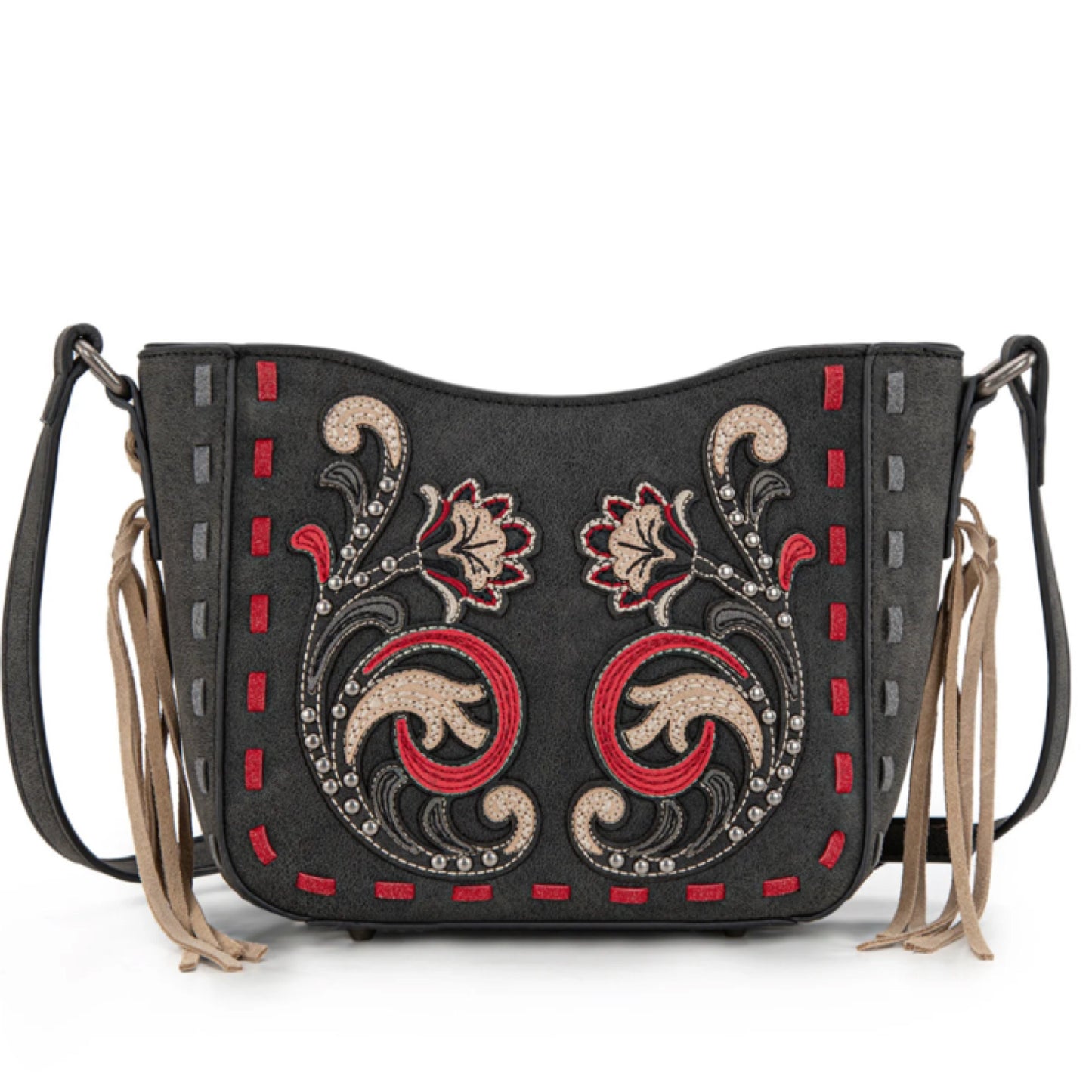 Montana West Embroidered Appliqué Saddle Stitch Detail Black Crossbody Bag