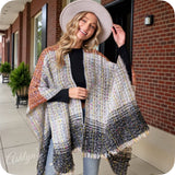 Casually Classy Confetti Stitch Knit Rust/Grey Sweater Poncho-Shawl-Wrap
