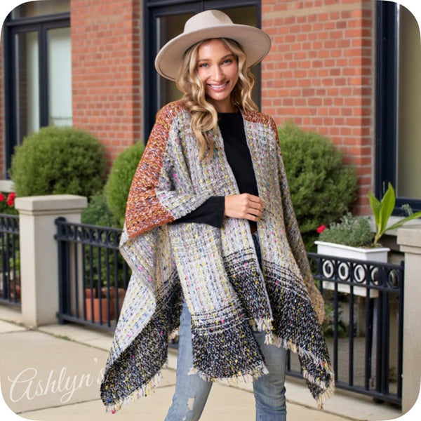 Casually Classy Confetti Stitch Knit Rust/Grey Sweater Poncho-Shawl-Wrap