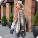 Casually Classy Confetti Stitch Knit Rust/Grey Sweater Poncho-Shawl-Wrap