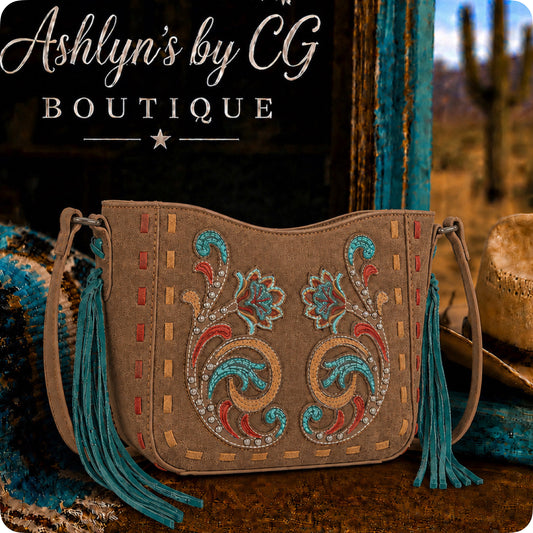 Montana West Embroidered Appliqué Saddle Stitch Detail Brown Crossbody Bag