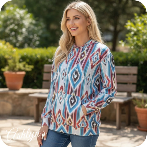 Aztec Turquoise Grey Mix Kangaroo Pocket Hooded Top-Hoodie