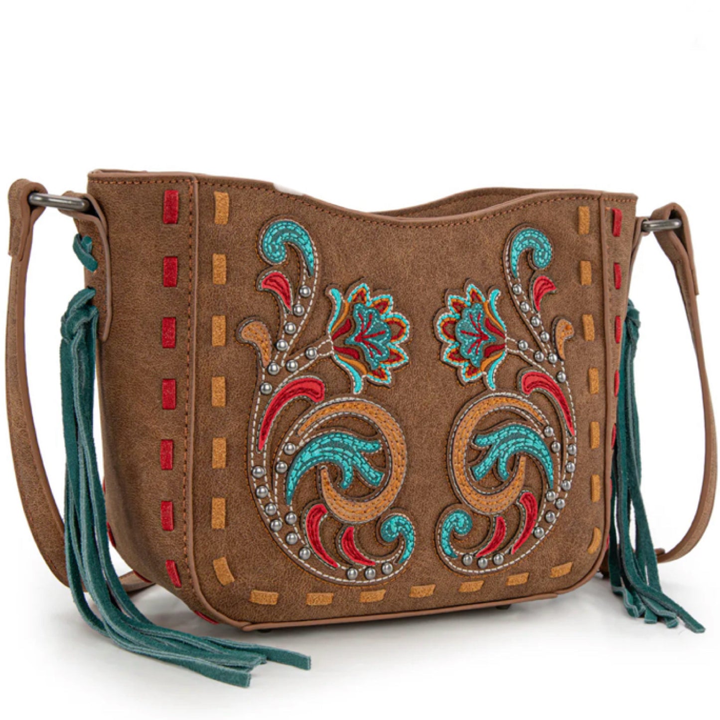 Montana West Embroidered Appliqué Saddle Stitch Detail Brown Crossbody Bag