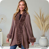 Classy Plush Faux Fur Trim Mocha Cape-Coat-Poncho-Wrap