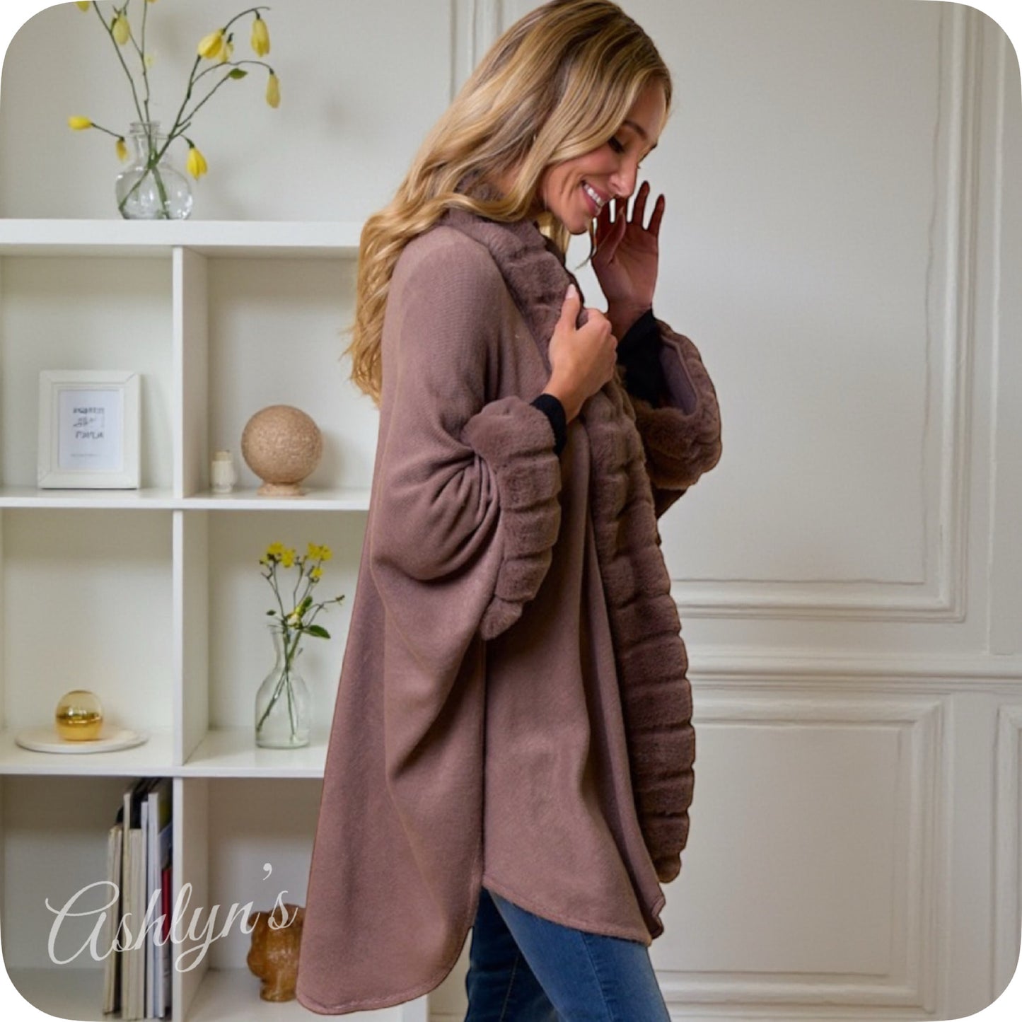 Classy Plush Faux Fur Trim Mocha Cape-Coat-Poncho-Wrap