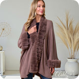 Classy Plush Faux Fur Trim Mocha Cape-Coat-Poncho-Wrap