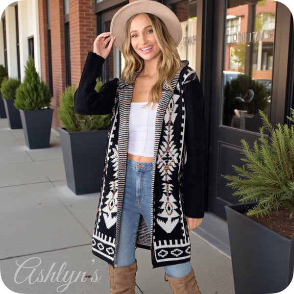 Boho Asymmetric Print Black Hooded Cardigan-Aztec Sweater-Duster