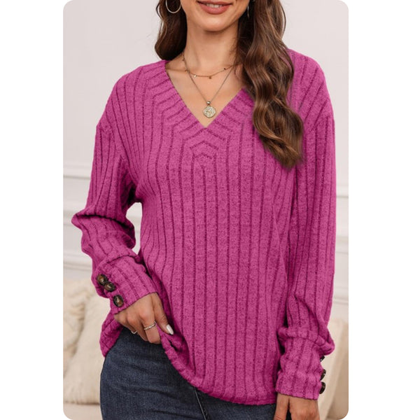 Cozy Cute Ribbed Knit Button Detail Sweater Top