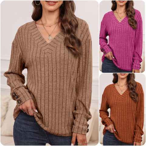 Cozy Cute Ribbed Knit Button Detail Sweater Top