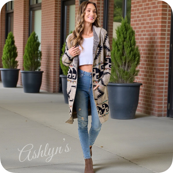 Boho Asymmetric Print Tan Hooded Cardigan-Aztec Sweater-Duster
