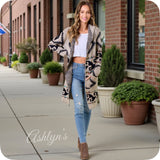 Boho Asymmetric Print Tan Hooded Cardigan-Aztec Sweater-Duster
