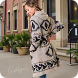Boho Asymmetric Print Tan Hooded Cardigan-Aztec Sweater-Duster