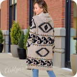 Boho Asymmetric Print Tan Hooded Cardigan-Aztec Sweater-Duster
