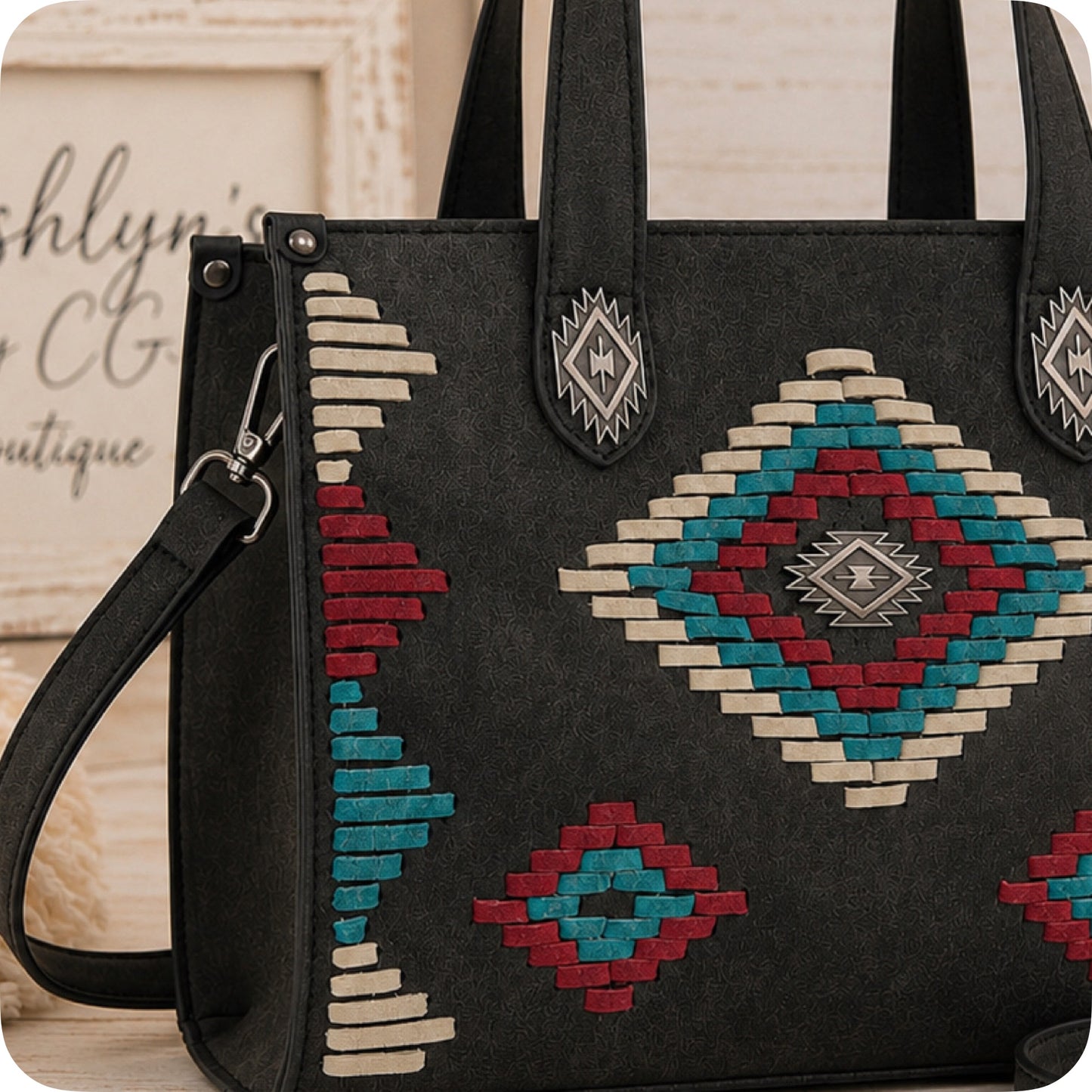 MONTANA WEST Aztec Pattern Whipstitch Black Tote Bag-Crossbody Bag