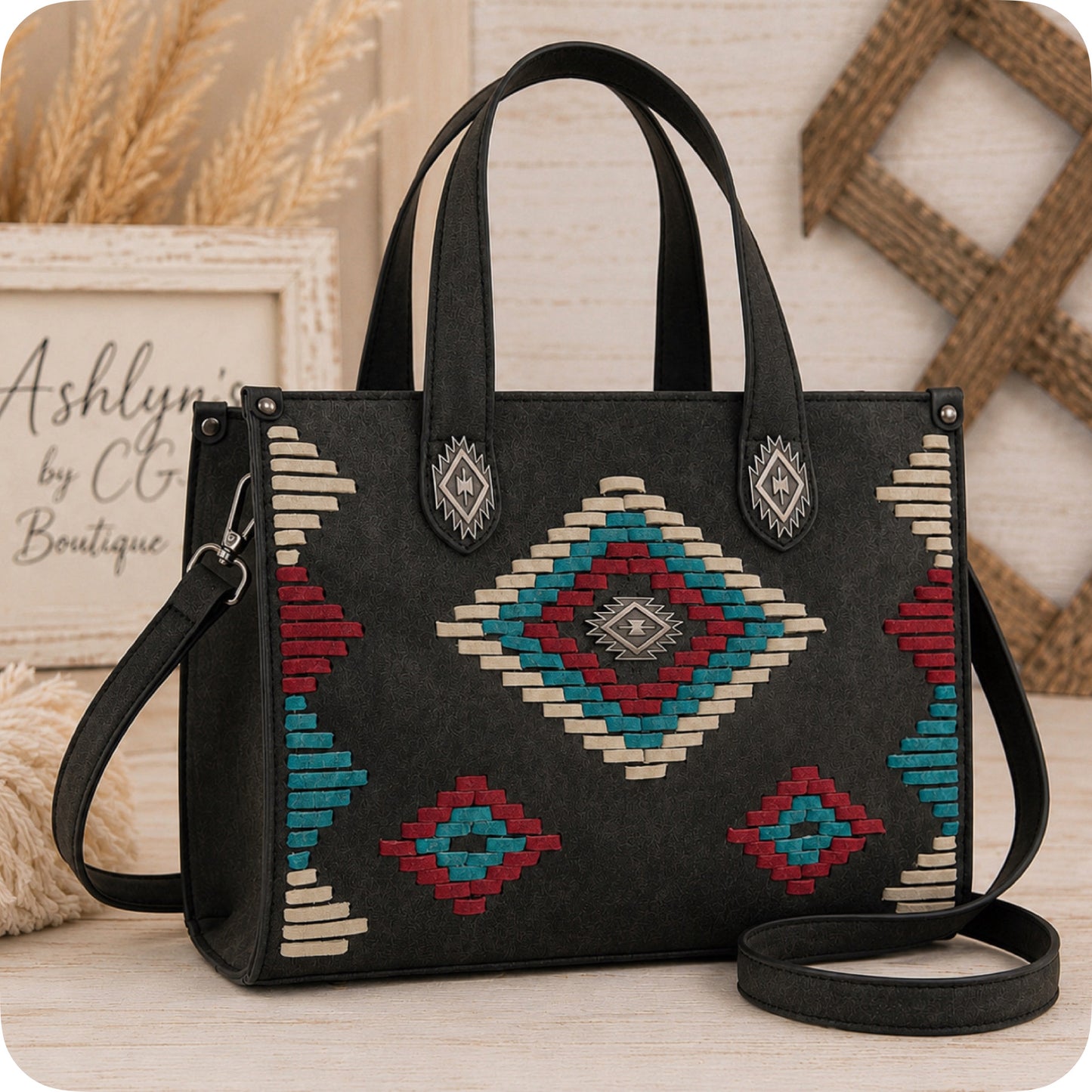 MONTANA WEST Aztec Pattern Whipstitch Black Tote Bag-Crossbody Bag