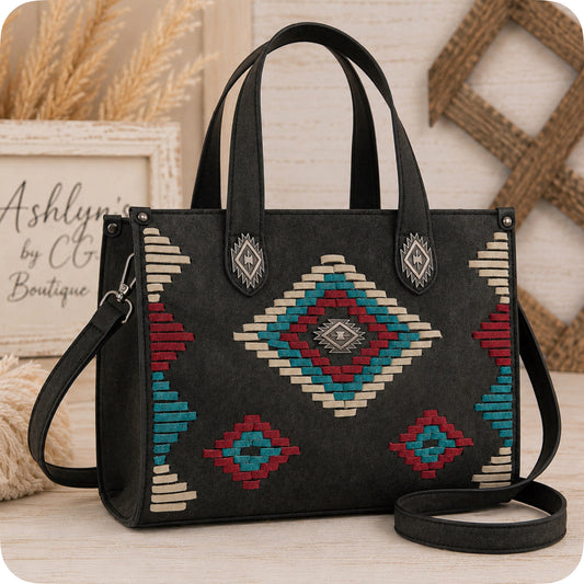MONTANA WEST Aztec Pattern Whipstitch Black Tote Bag-Crossbody Bag
