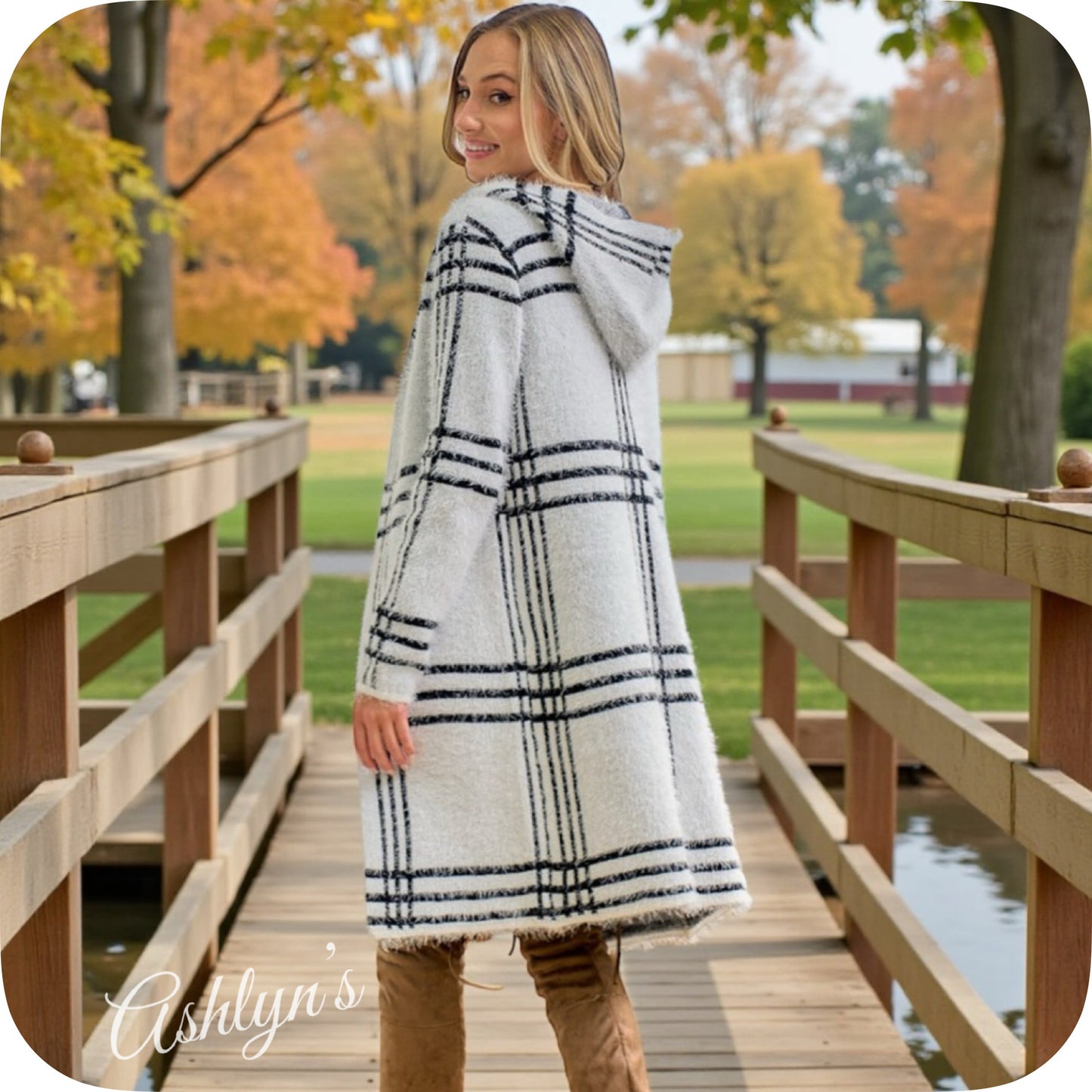 Cuddly Soft Fuzzy Ivory Black Hooded Duster Cardigan-Eyelash Plaid