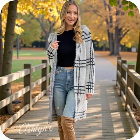 Cuddly Soft Fuzzy Ivory Black Hooded Duster Cardigan-Eyelash Plaid