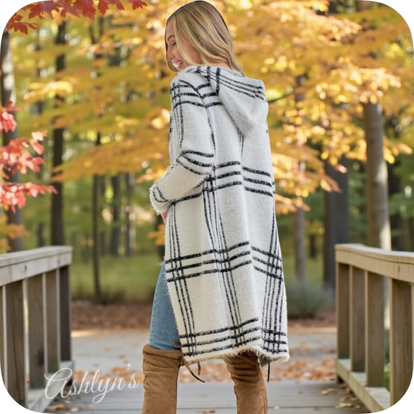 Cuddly Soft Fuzzy Ivory Black Hooded Duster Cardigan-Eyelash Plaid