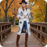 Fuzzy Ivory Aztec Multi Color Detail Hooded Cardigan-Sweater Duster