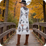 Fuzzy Ivory Aztec Multi Color Detail Hooded Cardigan-Sweater Duster