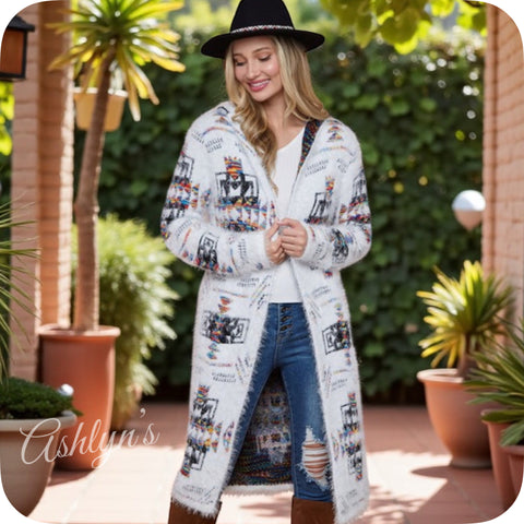 Fuzzy Ivory Aztec Multi Color Detail Hooded Cardigan-Sweater Duster