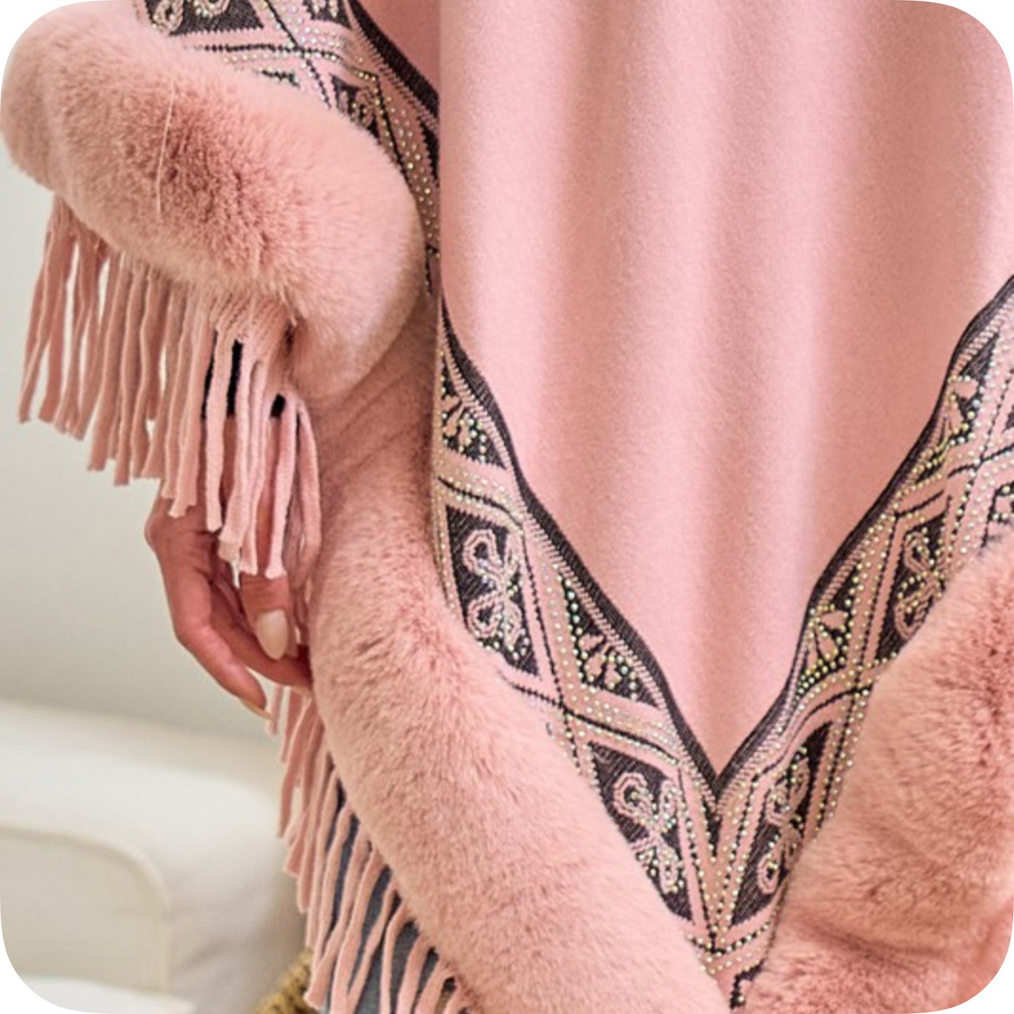 Classy Plush Faux Fur Trim Studded Detail Pink Poncho-Wrap-Coat-Cloak