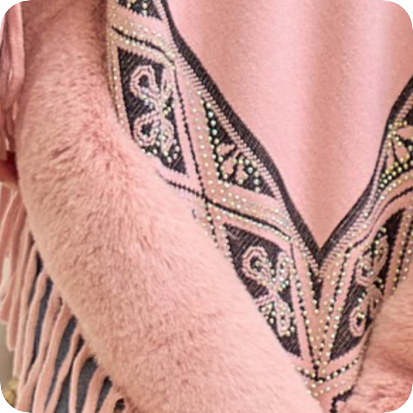 Classy Plush Faux Fur Trim Studded Detail Pink Poncho-Wrap-Coat-Cloak