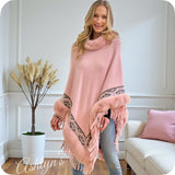 Classy Plush Faux Fur Trim Studded Detail Pink Poncho-Wrap-Coat-Cloak