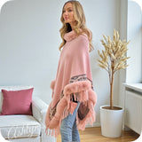 Classy Plush Faux Fur Trim Studded Detail Pink Poncho-Wrap-Coat-Cloak