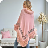 Classy Plush Faux Fur Trim Studded Detail Pink Poncho-Wrap-Coat-Cloak