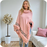 Classy Plush Faux Fur Trim Studded Detail Pink Poncho-Wrap-Coat-Cloak