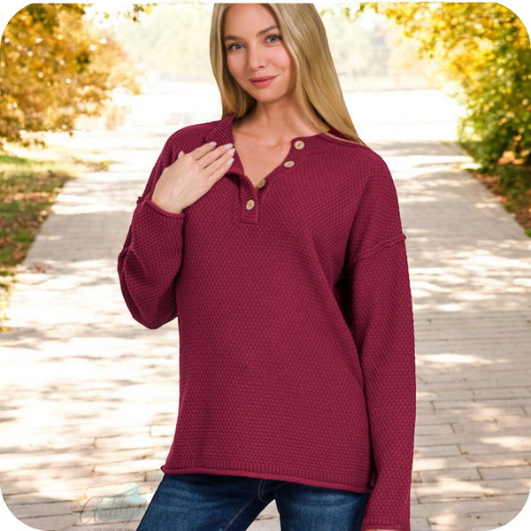 Cozy Zenana 4 Button Henley Sweater-Top